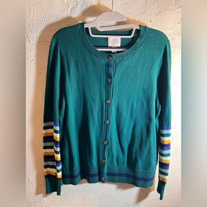 St. John's Bay Teal Cardigan with Striped Sleeves M preppy classic colorful